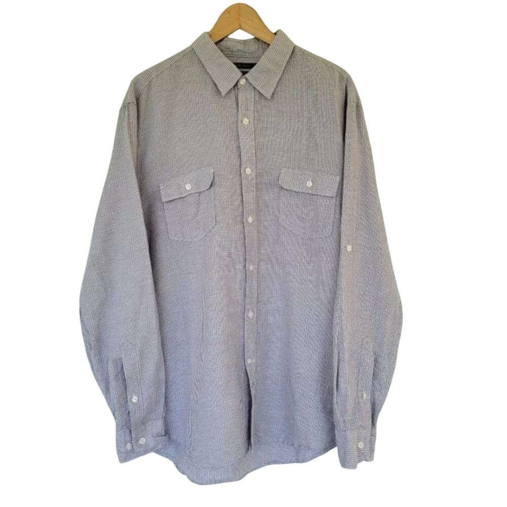 Perry Ellis Long Sleeve Linen Button Down Shirt Tan White Mens Size XL Classic